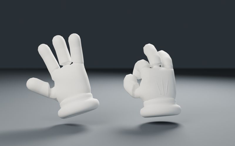 A pair of white cartoon gloves, one waving and one making an OK sign