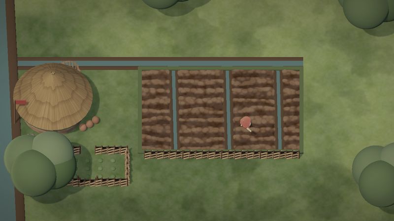Muted overhead view of a thatched hut beside small fields